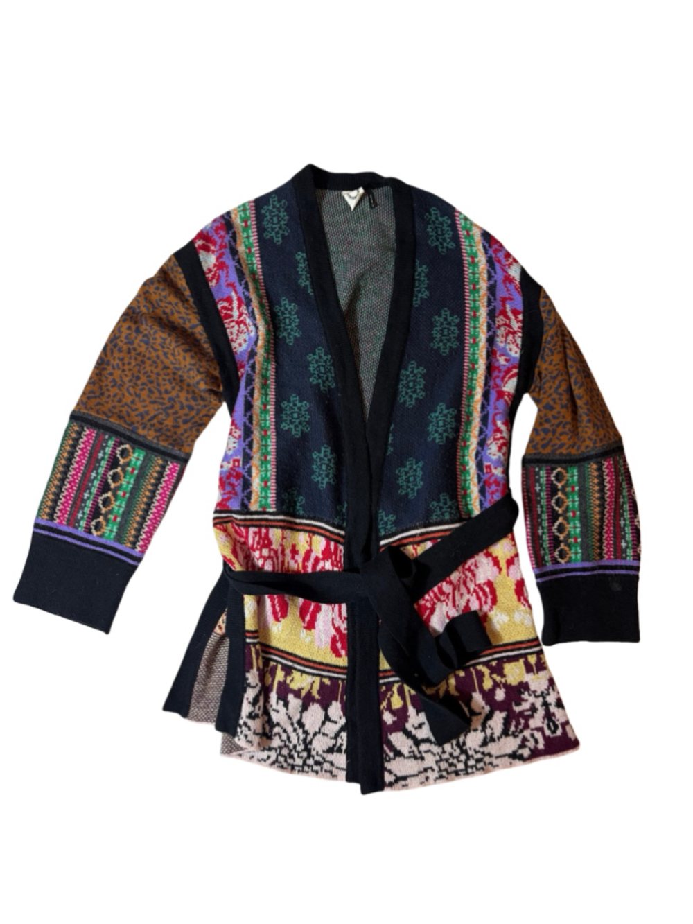 Anthropologie Akemi + Kin Maximalist Patchwork Jacquard Belted Cardigan XS